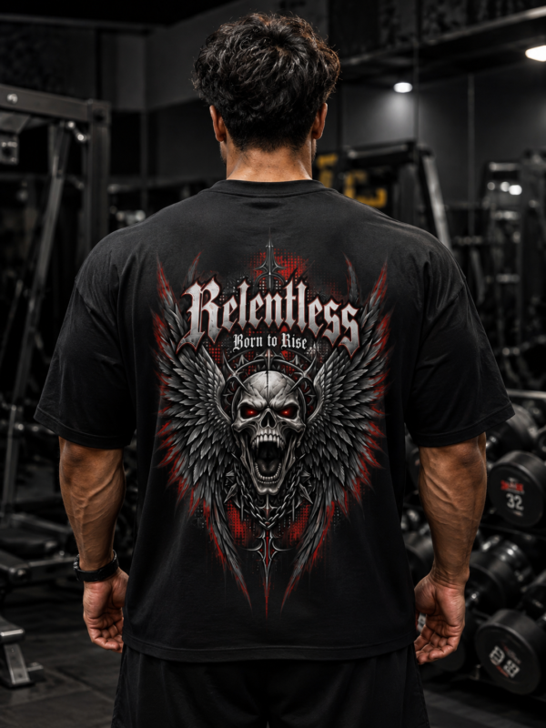 Rentless black tee builder wearing Relentless Born to Rise Oversized Tee